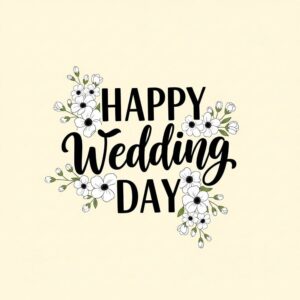 Happy Wedding Day light beige greeting card with white flowers.