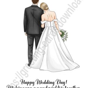 Happy Wedding Day white laconic greeting card with bride and groom.