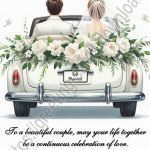 Wedding day greeting card with decorated wedding car.