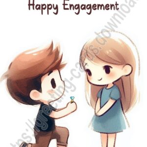 Happy engagement. Greeting card in cartoon style. Boy proposes to girl.