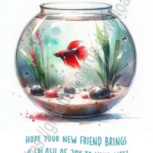 New Pet greeting card with red aquarium fish Betta splendens / Siamese fighting fish.