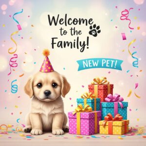New Pet! Welcome to the family! Greeting card with dog.
