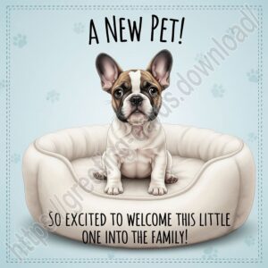 New Pet! So excited to welcome this little one into the family! Greeting card with dog, French Bulldog.