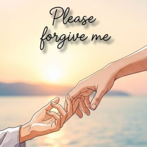 Please forgive me. Greeting card with touching hands.