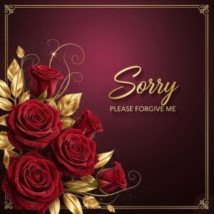 Sorry. Please forgive me. Greeting card with roses and gold.