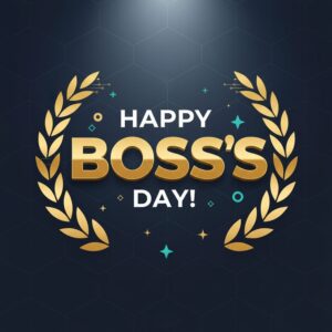 Happy Boss's Day! Greeting card with gold lettering on a dark background.