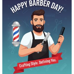 Happy Barber's Day! Crafting style.Defining you. Greeting card.