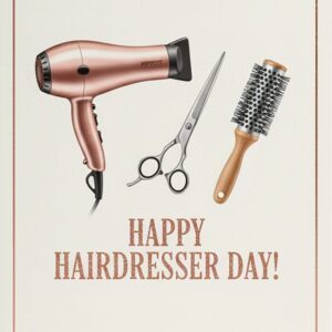 Happy Hairdresser's Day! Greeting card with hairdressing tools.