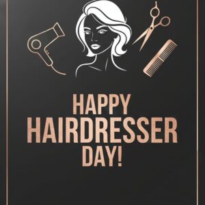 Happy Hairdresser Day. Black greeting card.