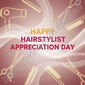Happy Hairstylist Appreciation Day. Greeting card in warm burgundy-brown tones with a subtle glow.