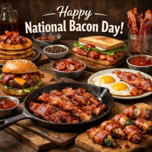 Happy National Bacon Day greeting card