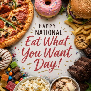 Happy National Eat What You Want Day greeting card